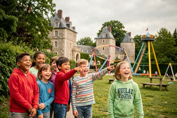 Groupe d'enfants joyeux explorant des activités de plein air dans les Hauts-de-France
