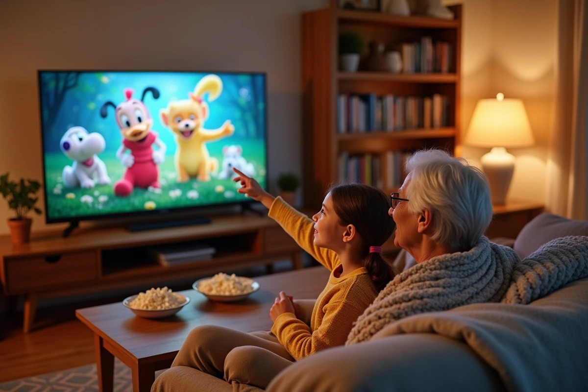 Une adolescente et sa grand-mère regardent ensemble des films Disney dans un salon chaleureux, partageant un moment intergénérationnel autour de personnages animés