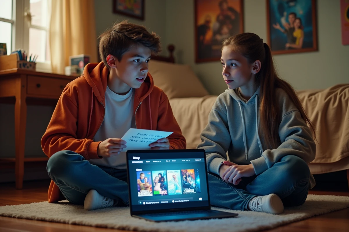 Deux adolescents planifient un marathon de films Disney avec une liste manuscrite et un ordinateur portable affichant une plateforme de streaming