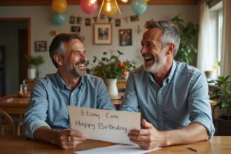 Deux hommes souriants lors d'un anniversaire en famille