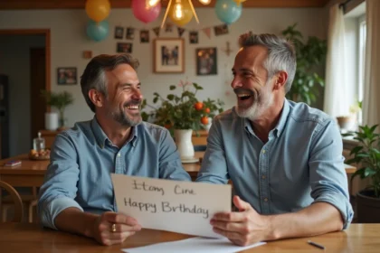 Deux hommes souriants lors d'un anniversaire en famille