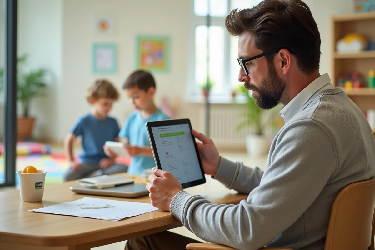 Animateur en crèche vérifiant un planning sur tablette dans la salle de jeux