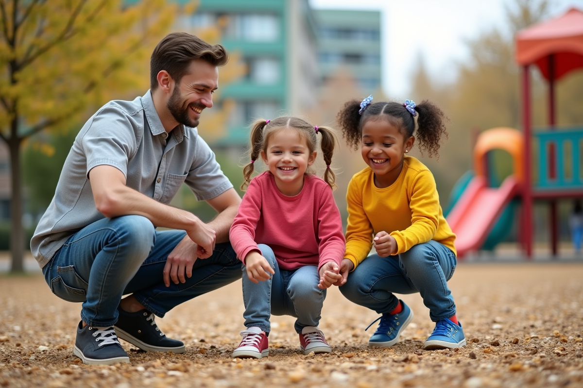 Jeune animateur avec deux filles jouant dans un parc urbain