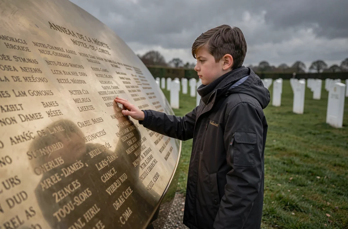 Jeune garçon recueilli devant l'Anneau de la Mémoire au cimetière de Notre-Dame-de-Lorette