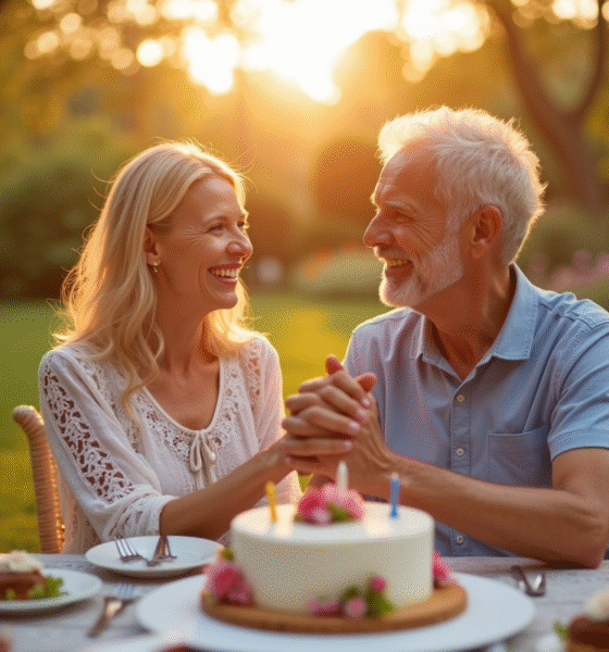 Couple heureux célébrant leur 17e anniversaire dans un jardin