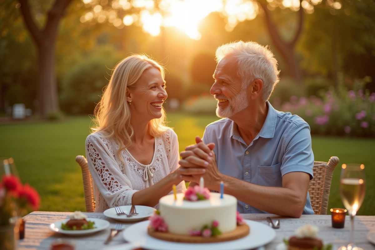 Couple heureux célébrant leur 17e anniversaire dans un jardin