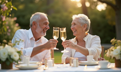 Couple heureux célébrant 22 ans de mariage dans un jardin ensoleille