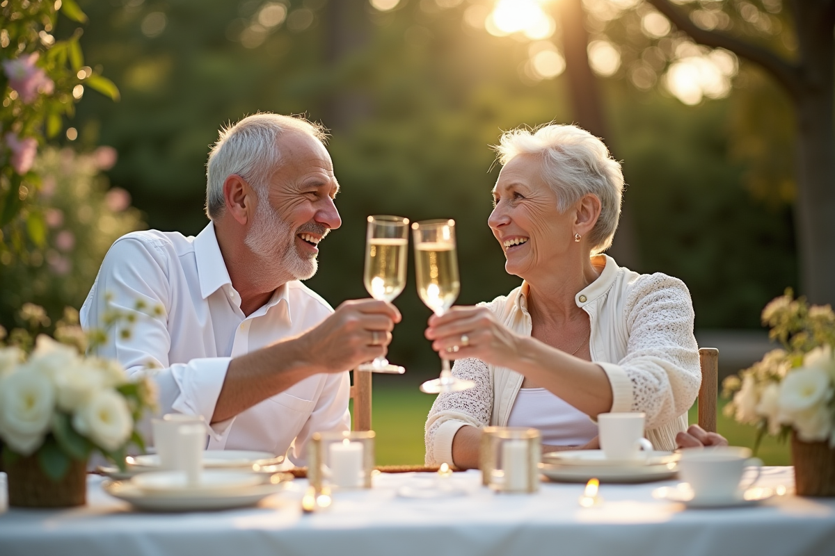 Couple heureux célébrant 22 ans de mariage dans un jardin ensoleille