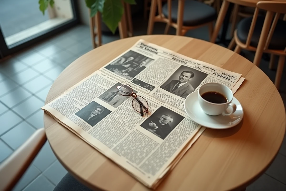 Archives et coupures de presse françaises disposées sur une table pour illustrer une enquête sur les origines familiales d'une figure médiatique