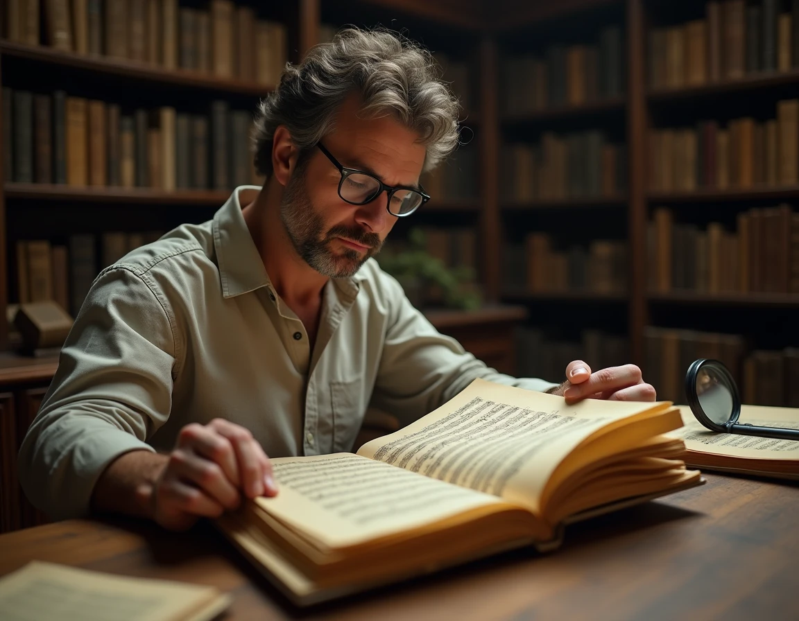 Archiviste examinant une ancienne partition musicale manuscrite dans une bibliothèque historique, dans le cadre d'une recherche sur l'origine des comptines françaises