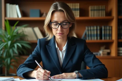Avocate en blazer marine révisant des statuts de société sur un bureau en chêne dans un cabinet juridique moderne