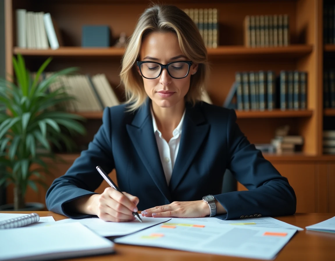 Avocate en blazer marine révisant des statuts de société sur un bureau en chêne dans un cabinet juridique moderne