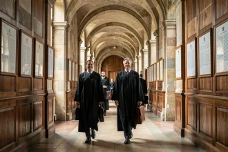 Couloir d'un palais de justice du Grand Est avec des avocats en robe noire marchant avec des serviettes en cuir