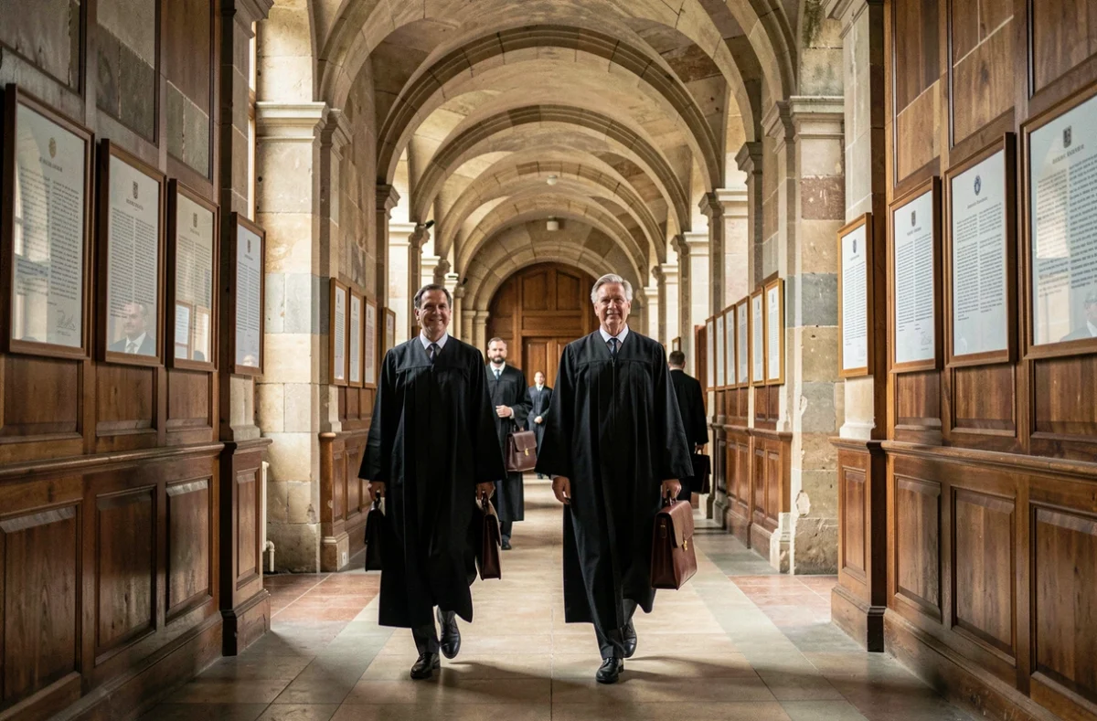 Couloir d'un palais de justice du Grand Est avec des avocats en robe noire marchant avec des serviettes en cuir