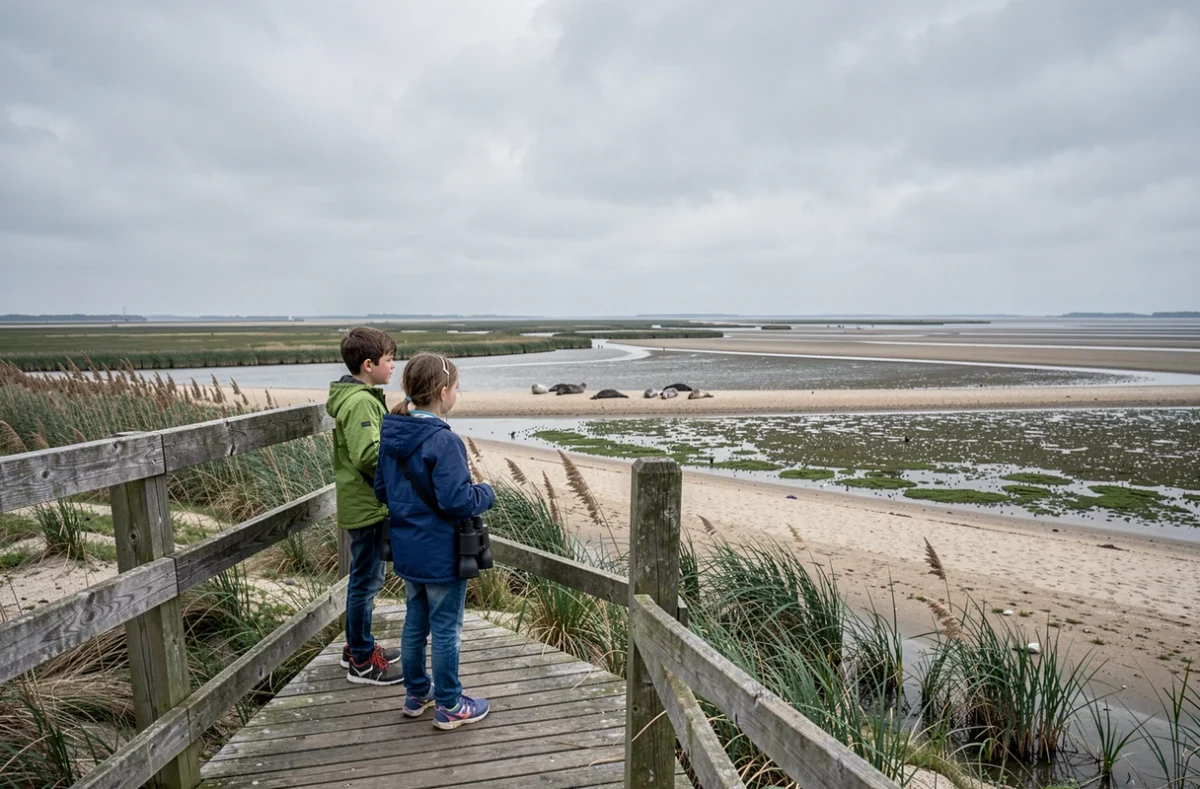 Enfants observant les phoques sur les bancs de sable de la Baie de Somme