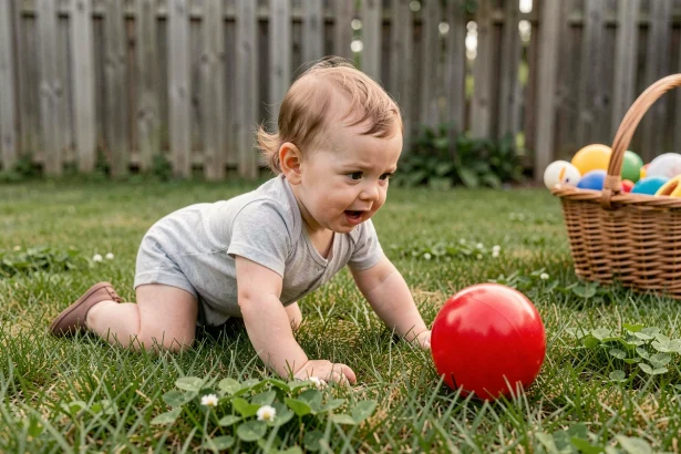 Bébé de 1 an qui rampe sur l'herbe dans le jardin pour attraper une balle rouge, jeu de motricité en extérieur