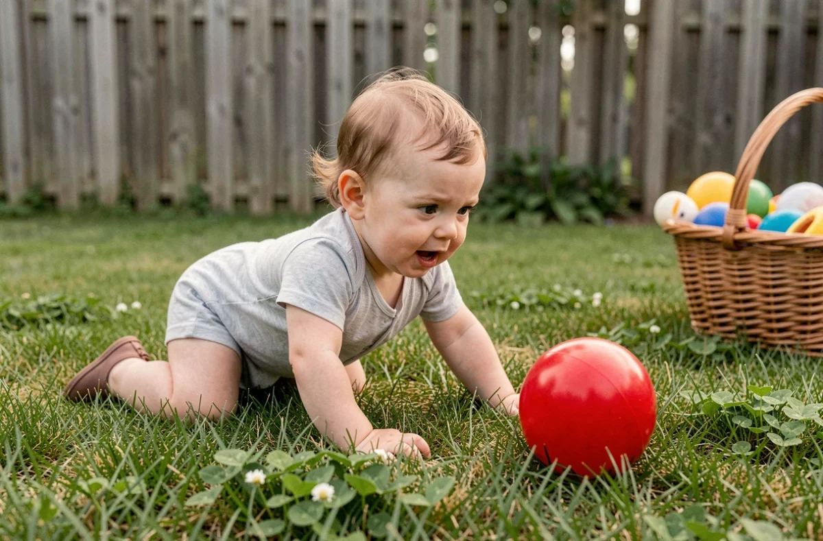 Bébé de 1 an qui rampe sur l'herbe dans le jardin pour attraper une balle rouge, jeu de motricité en extérieur