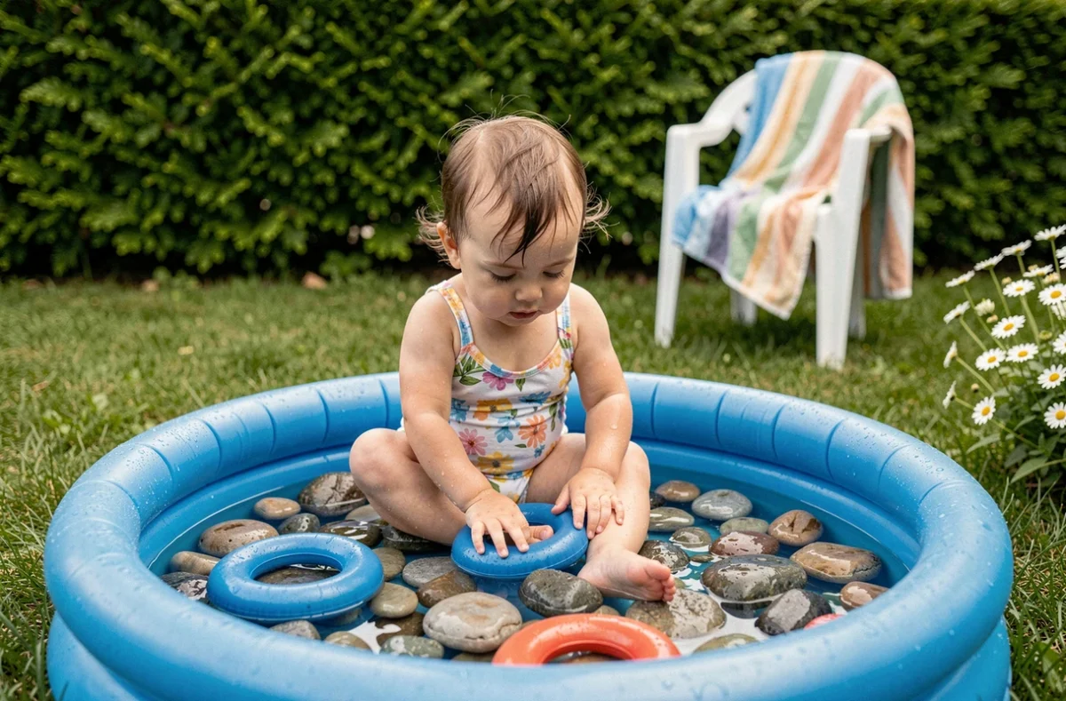 Bébé de 1 an assise dans une pataugeoire sensorielle dans le jardin, jeu d'éveil motricité fine en extérieur avec galets et eau