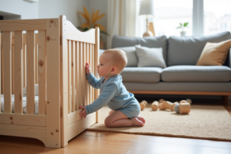 Bébé de 10 mois en bleu dans un parc intérieur lumineux