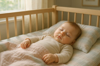 Photo hyperrealiste d'un bébé endormi dans un lit douillet