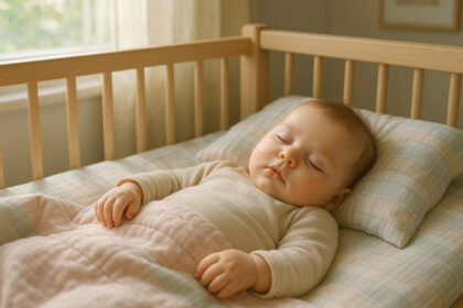 Photo hyperrealiste d'un bébé endormi dans un lit douillet