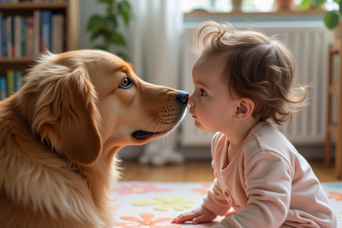 Bebe fille touchant le nez d'un chien golden retriever