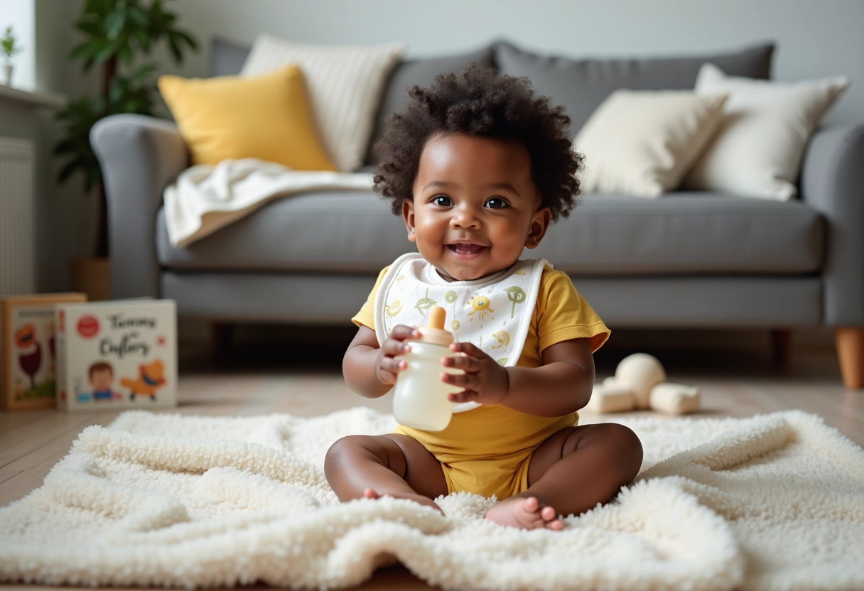 Bébé fille assise avec biberon dans un salon familial