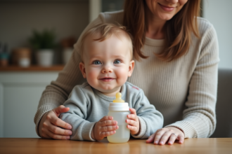 Bebe de 18 mois sur les genoux de sa maman lors du petit déjeuner