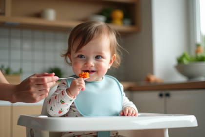 Bébé de 7 mois mangeant des carottes dans une cuisine chaleureuse