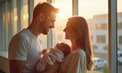 Jeune couple tenant leur bébé dans une mairie en lumière naturelle