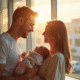 Jeune couple tenant leur bébé dans une mairie en lumière naturelle