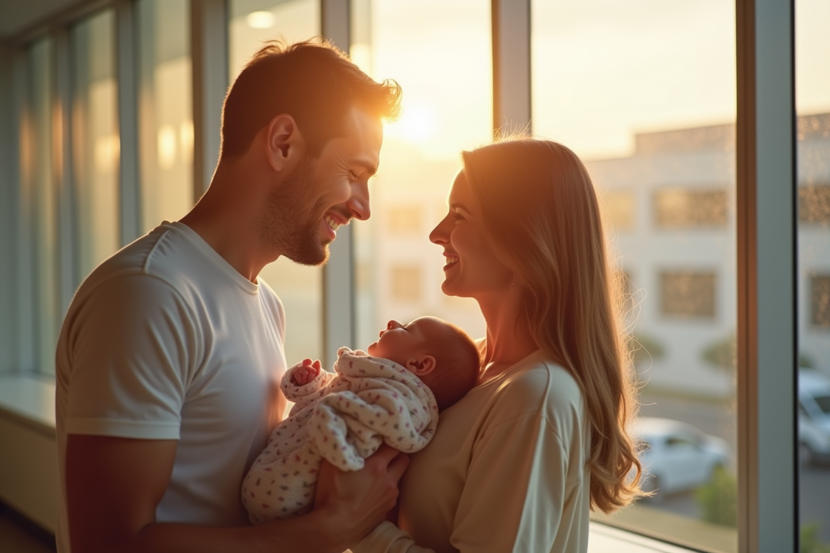 Jeune couple tenant leur bébé dans une mairie en lumière naturelle