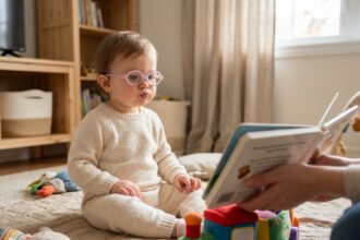 Bébé de 18 mois portant ses premières lunettes roses assis sur un tapis de jeu et regardant un livre illustré