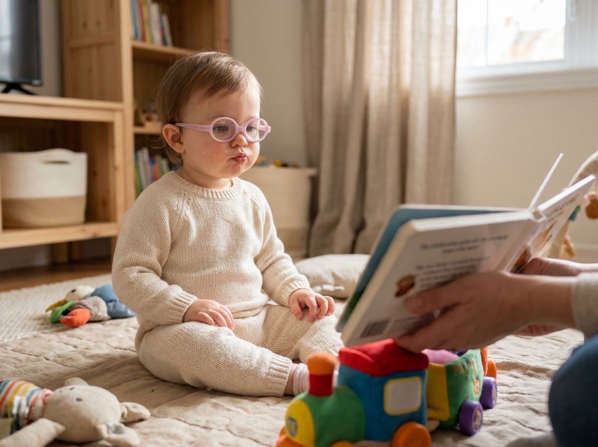 Bébé de 18 mois portant ses premières lunettes roses assis sur un tapis de jeu et regardant un livre illustré