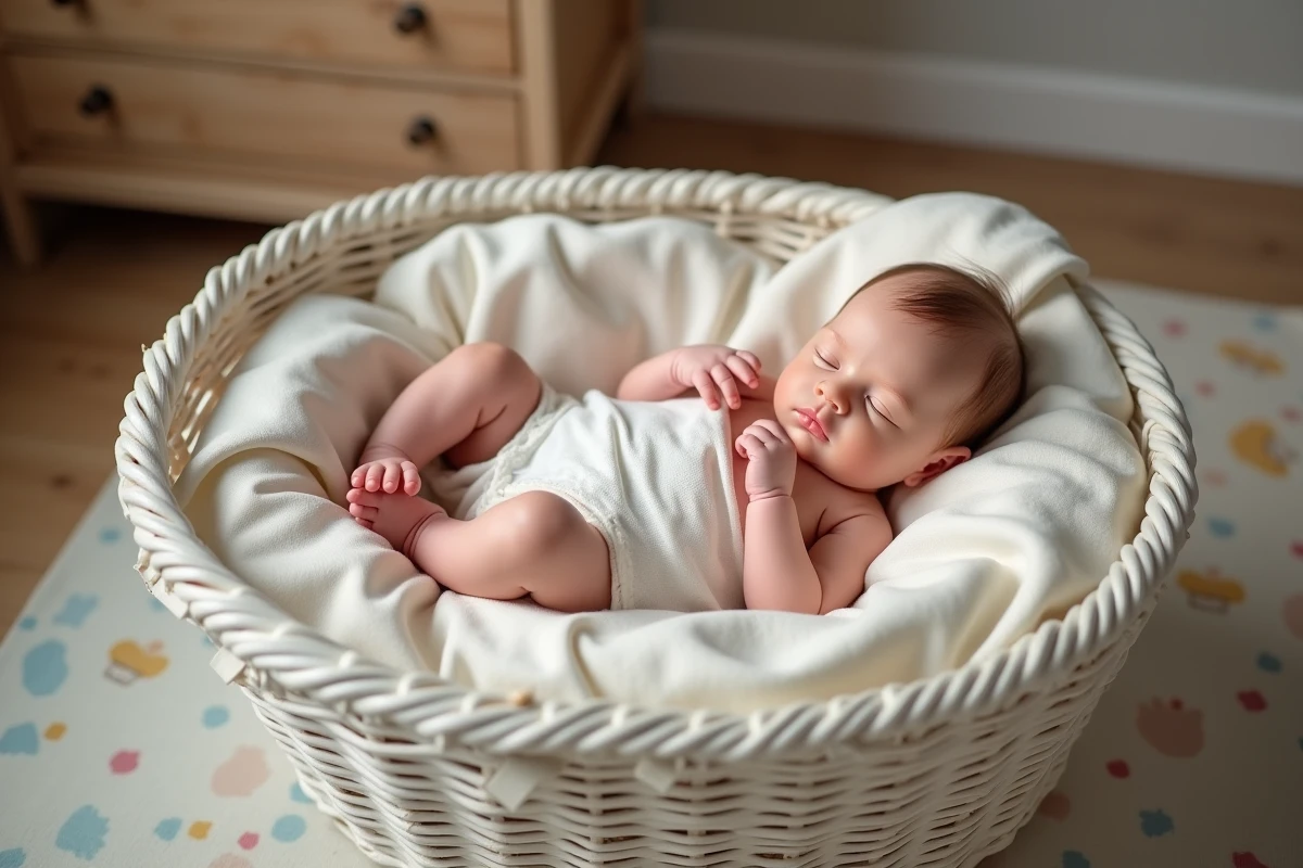 Poupée bébé reborn fille ultra-réaliste allongée dans un berceau en osier blanc avec couvertures pastel et accessoires de nurserie en bois naturel