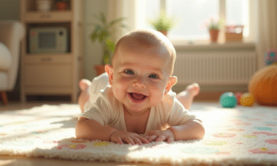 Bébé souriant allongé sur un tapis de jeu coloré