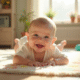 Bébé souriant allongé sur un tapis de jeu coloré