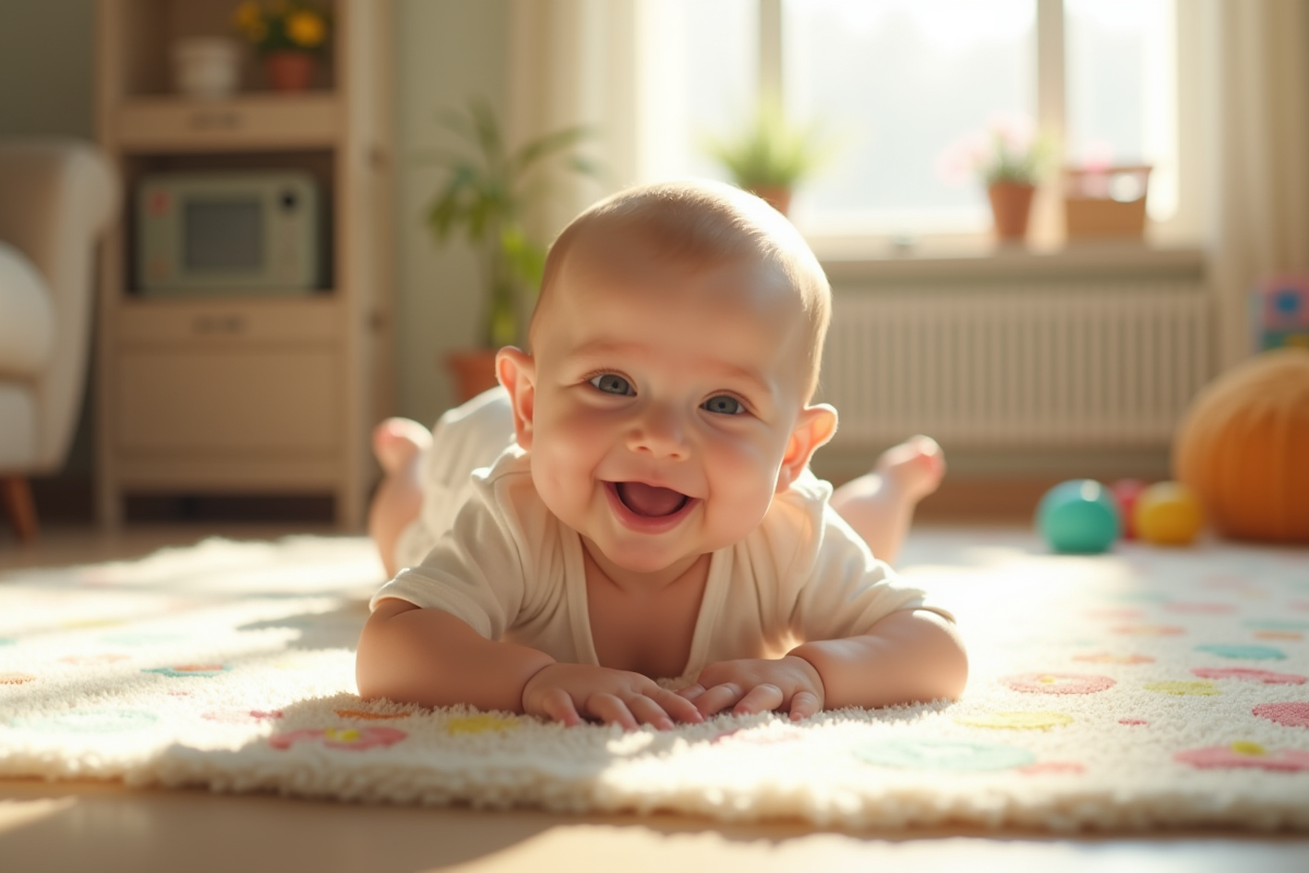 Bébé souriant allongé sur un tapis de jeu coloré