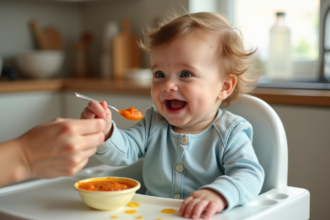 Bébé souriant en chaise haute tendant une cuillère colorée