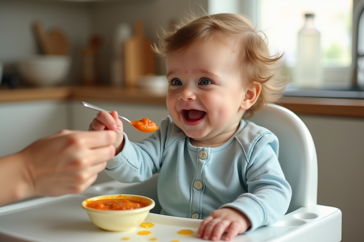 Bébé souriant en chaise haute tendant une cuillère colorée