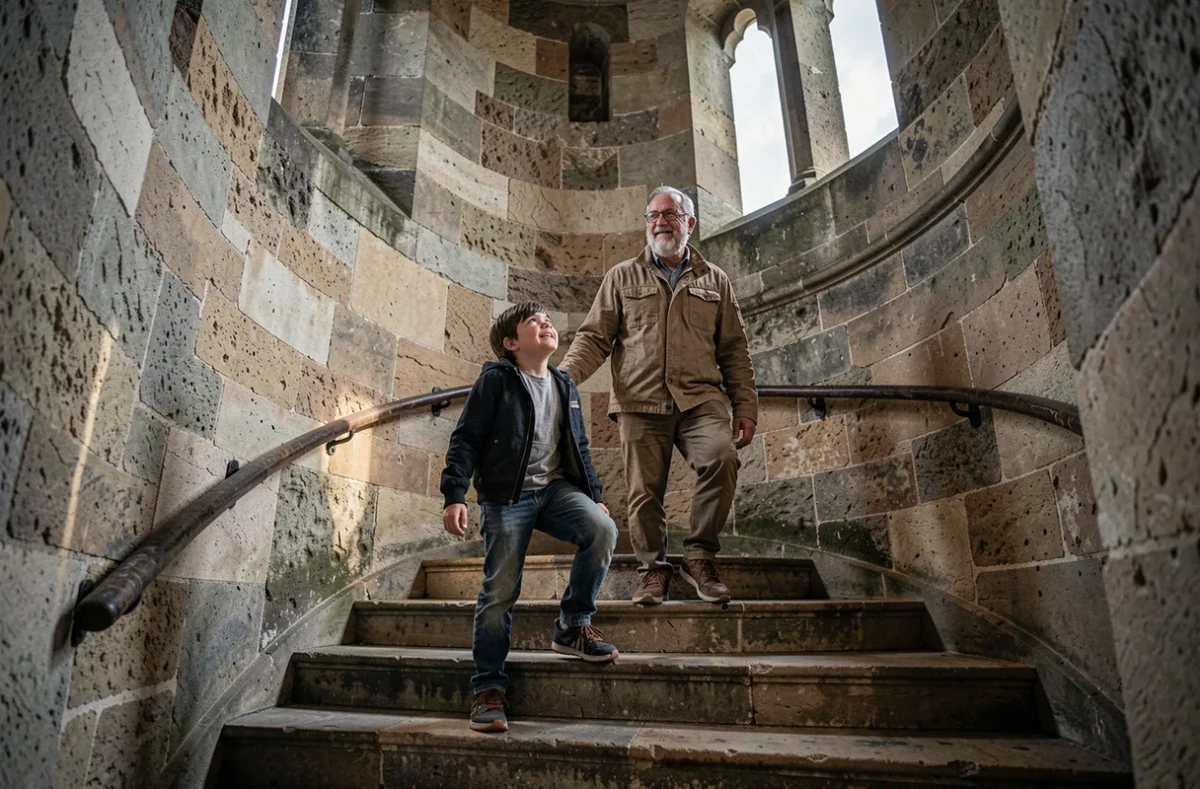Père et fils gravissant l'escalier en colimaçon du Beffroi de Lille