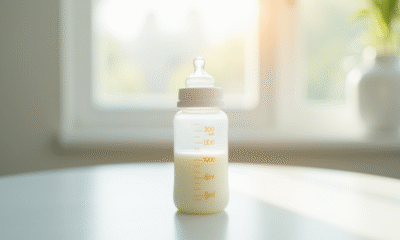 Biberon avec mesure de 80 ml de lait sur une table lumineuse