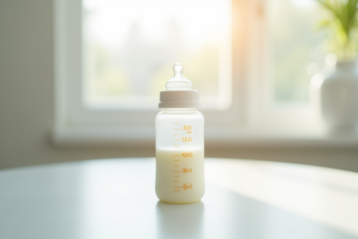 Biberon avec mesure de 80 ml de lait sur une table lumineuse