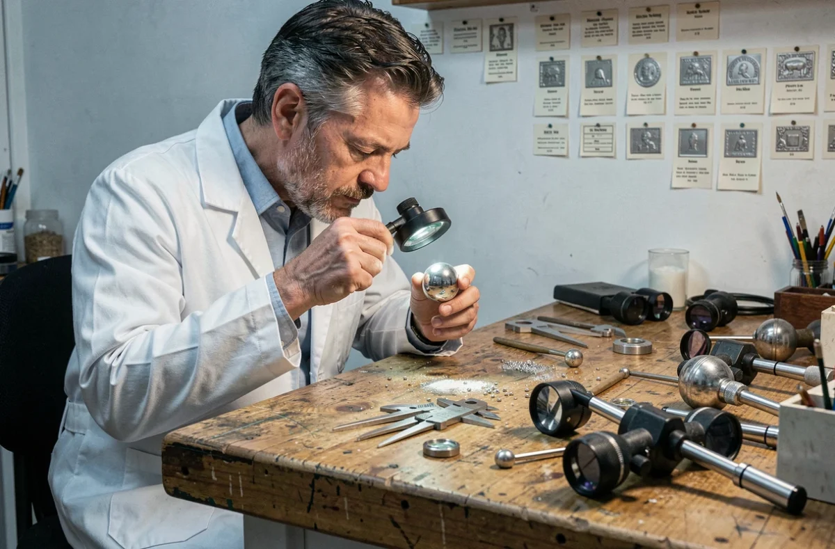 Bijoutier expert inspectant une bola de grossesse en argent avec une loupe professionnelle pour détecter une contrefaçon
