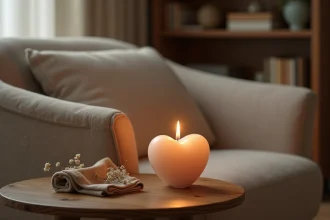 Bougie de deuil en forme de cœur posée sur une table en bois dans un salon familial chaleureux, entourée de fleurs séchées et d'un mouchoir plié