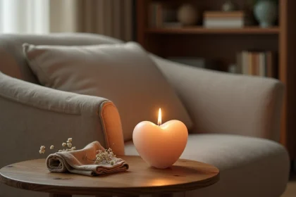 Bougie de deuil en forme de cœur posée sur une table en bois dans un salon familial chaleureux, entourée de fleurs séchées et d'un mouchoir plié