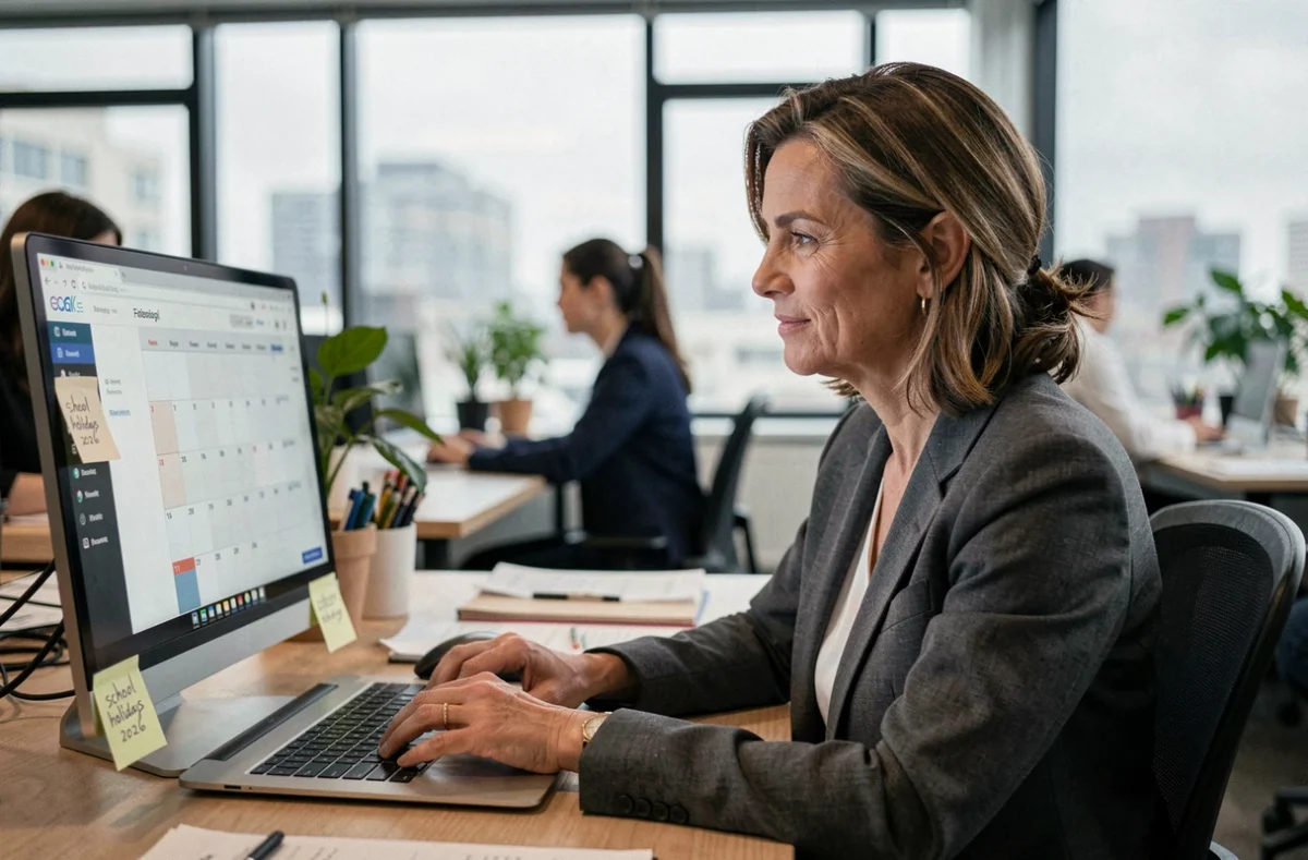Femme au bureau planifiant ses congés professionnels en consultant un calendrier numérique aligné sur les vacances scolaires en Angleterre 2026