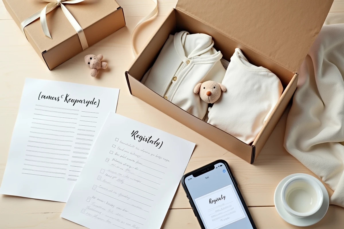 Vue de dessus d'une boîte cadeau naissance entourée de listes de cadeaux imprimées et d'un smartphone affichant une liste de naissance