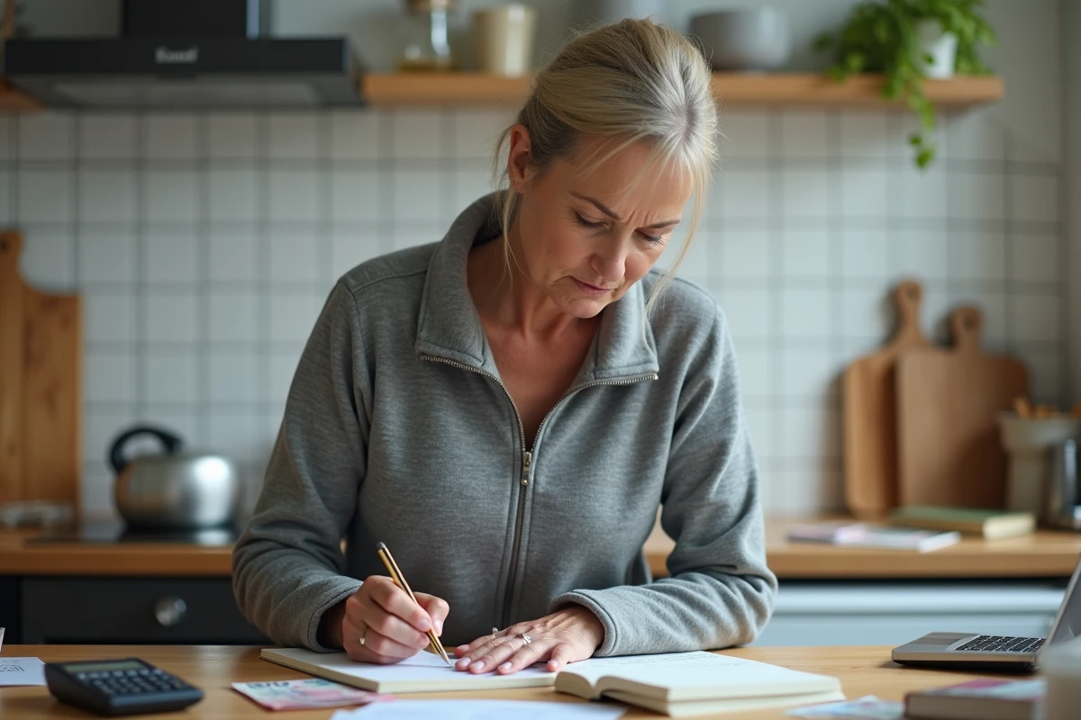 Femme calculant le coût d'une nounou à domicile avec des billets en euros et un bloc-notes dans une cuisine française