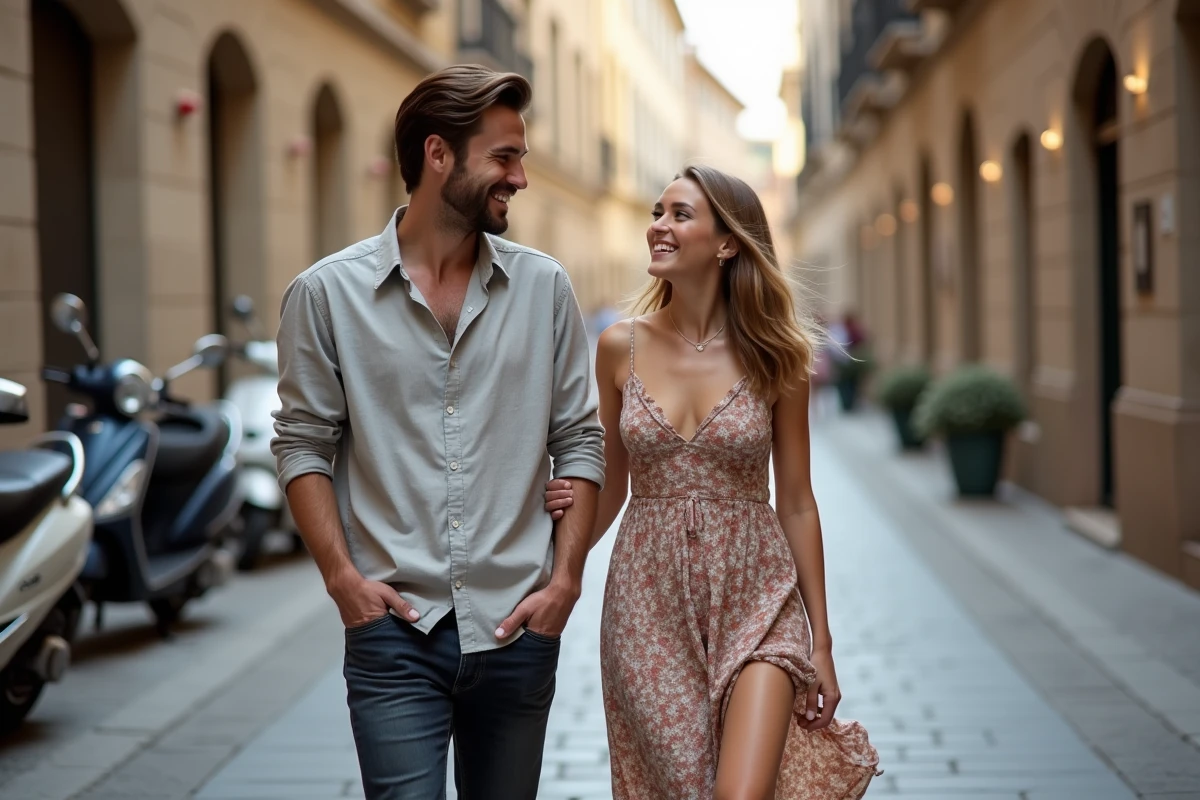 Couple élégant se promenant dans une rue pavée européenne, ambiance lifestyle romantique et décontractée